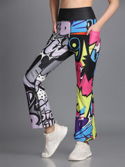 Women Stylish Printed Flared High Waist Yoga Pants with Side Pockets
