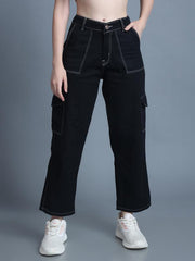 Women 6 Pockets Contrast Stitch Wide Leg 7/8 Black Jean Pants
