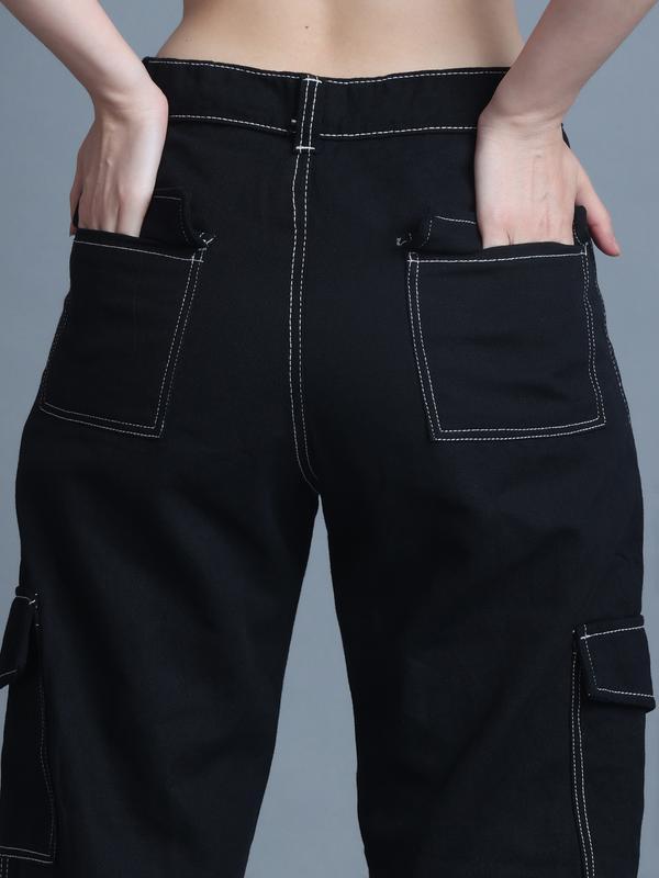 Women 6 Pockets Contrast Stitch Wide Leg Black Jean Pants