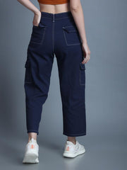 Women 6 Pockets Contrast Stitch Wide Leg 7/8 Blue Jean Pants