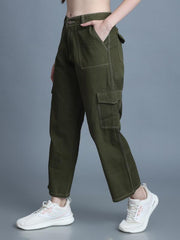 Women 6 Pockets Contrast Stitch Wide Leg 7/8 Olive Jean Pants