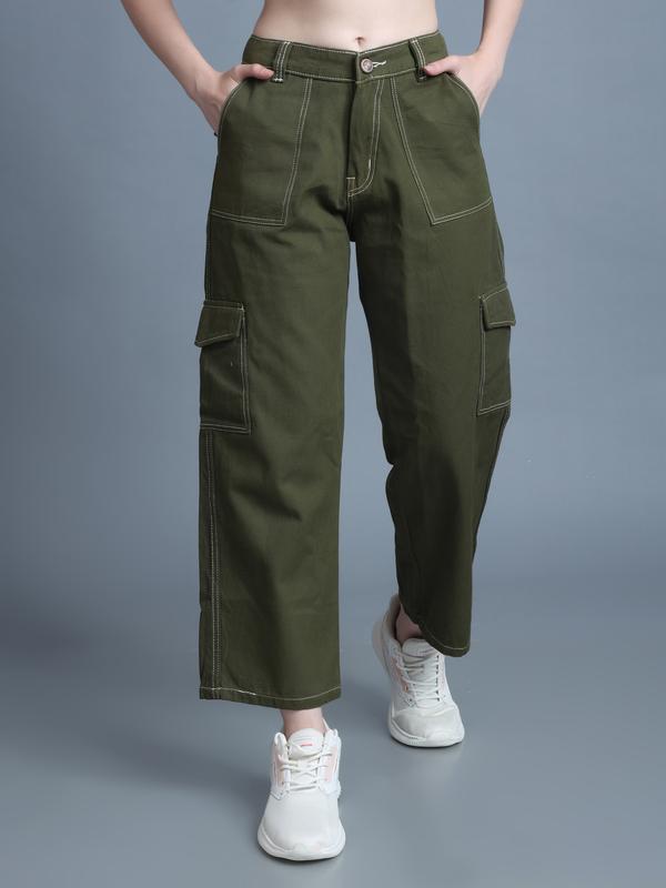 Women 6 Pockets Contrast Stitch Wide Leg 7/8 Olive Jean Pants