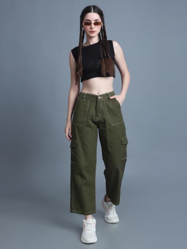 Women Pockets Contrast Stitch Wide Leg 7/8 Olive Jean Pants
