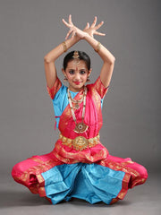 Pink and Sky Blue Bharatanatyam Silk Dress