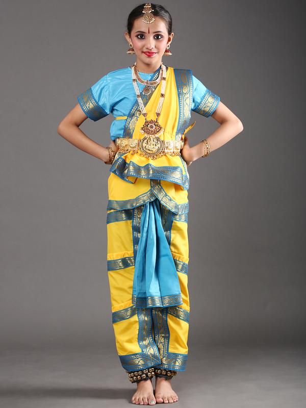 Yellow and Sky Blue Bharatanatyam Dance Costume