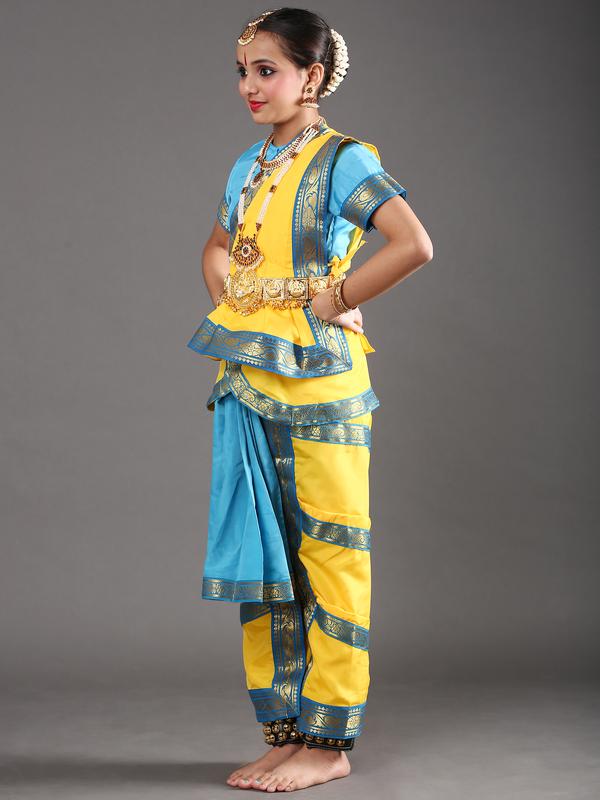 Yellow and Sky Blue Bharatanatyam Dress for Girls