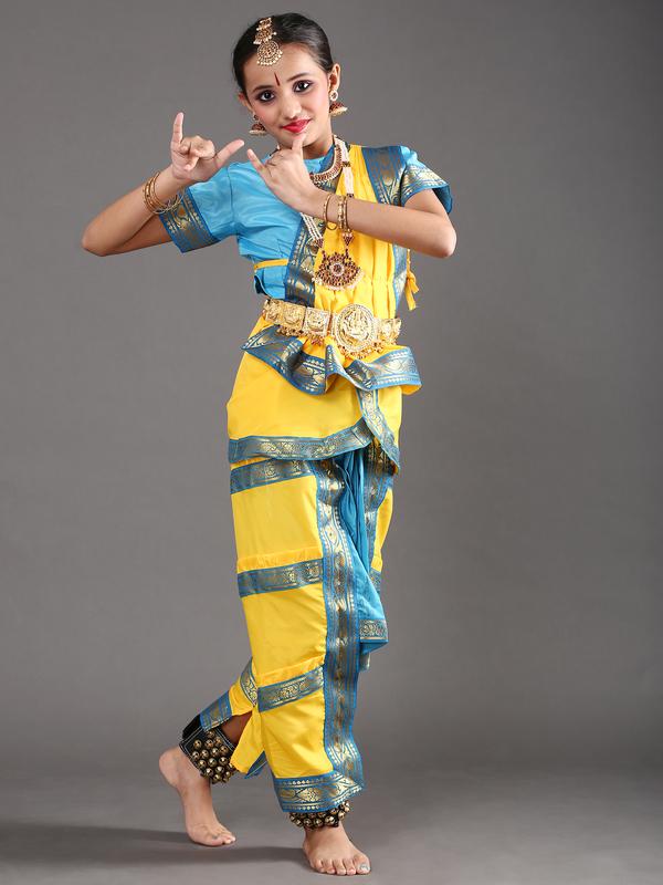 Yellow and Sky Blue Bharatanatyam Silk Dress