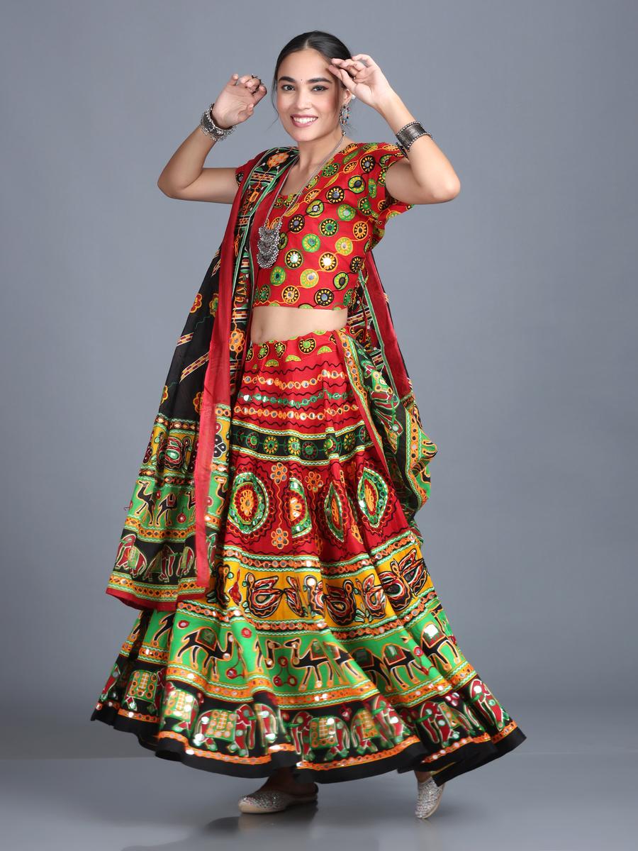 Women Red Black Embroidered Garba Dance Dress - Lehenga Choli Dupatta Set
