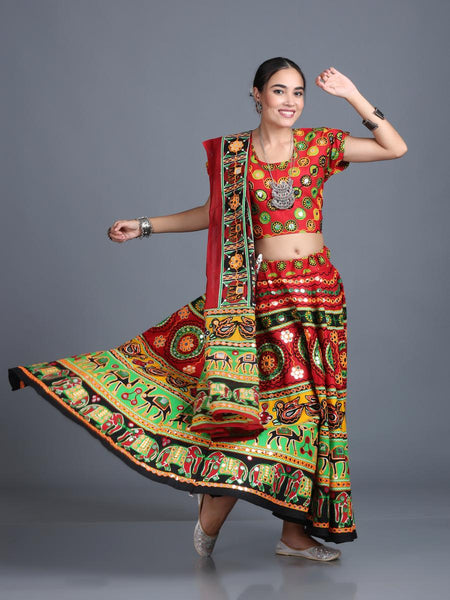 Women Red Black Embroidered Garba Dance Dress Lehenga Choli