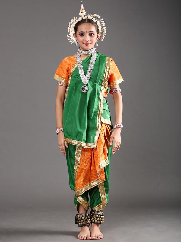 Ready to Wear Girls Odissi Dance (Cross Fan) Green Orange Costume The Dance Bible Ready to Wear Girls Odissi Dance (Cross Fan) Green Orange Costume The Dance Bible