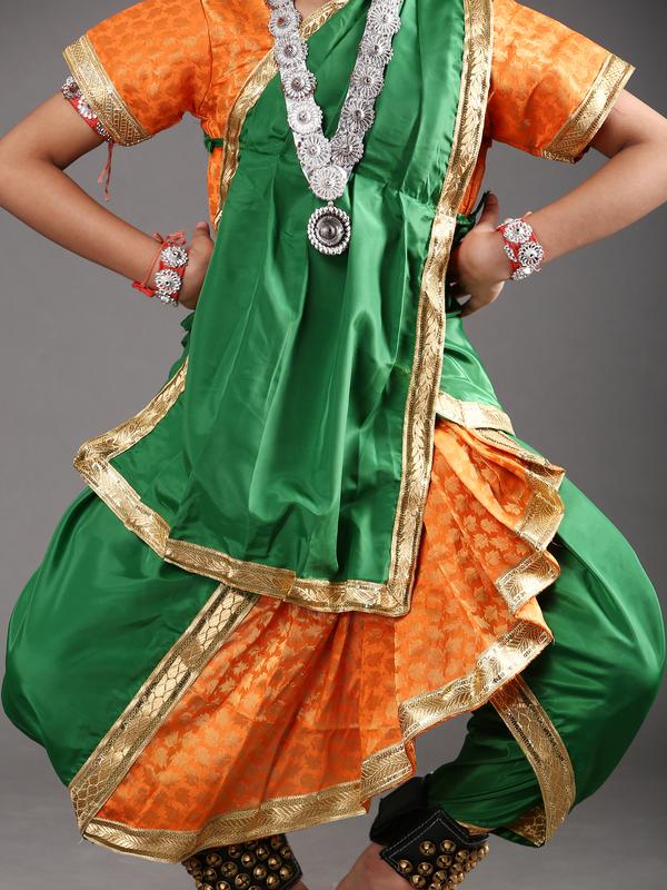 Ready to Wear Girls Odissi Dance (Cross Fan) Green Orange Costume The Dance Bible Ready to Wear Girls Odissi Dance (Cross Fan) Green Orange Costume The Dance Bible