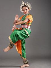 Ready to Wear Girls Odissi Dance (Cross Fan) Green Orange Costume
