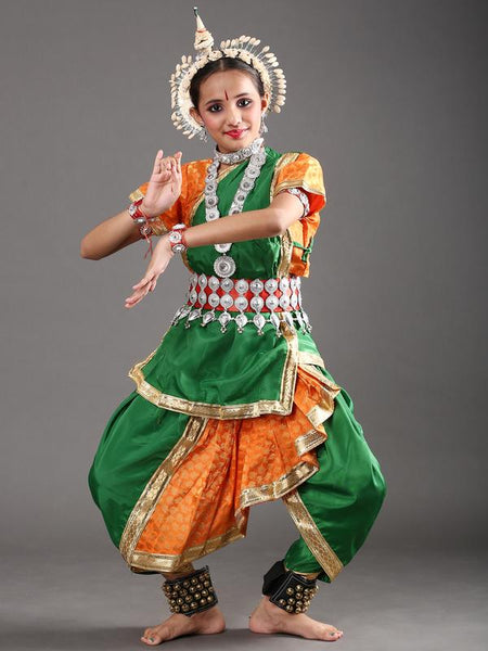 Ready to Wear Girls Odissi Dance (Cross Fan) Green Orange Costume – The  Dance Bible