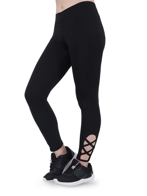 Women Black Spandex Criss Cross Tights for Gym Fitness Yoga and Dance