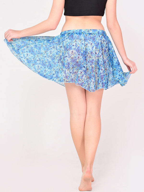 Blue Floral Stylish Chiffon Mini Skirt