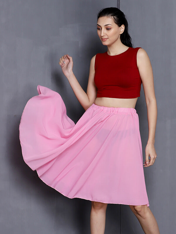 Pink Midi Skirt with Elastic Pull on Waist