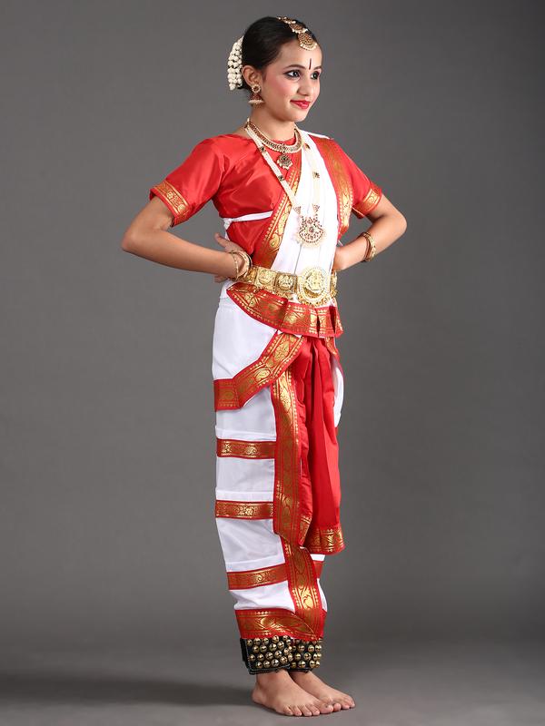 White and Red Bharatanatyam Dress for Girls