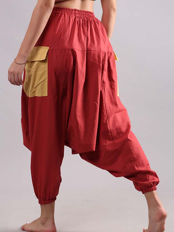 Cotton Womens Patchwork Harem Yoga Pants Festival Clothing, Red