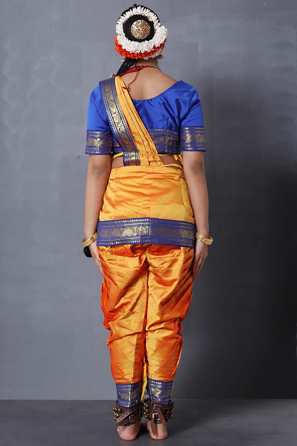 Blue Yellow Readymade Silk Bharatanatyam Dance Costume for Girls