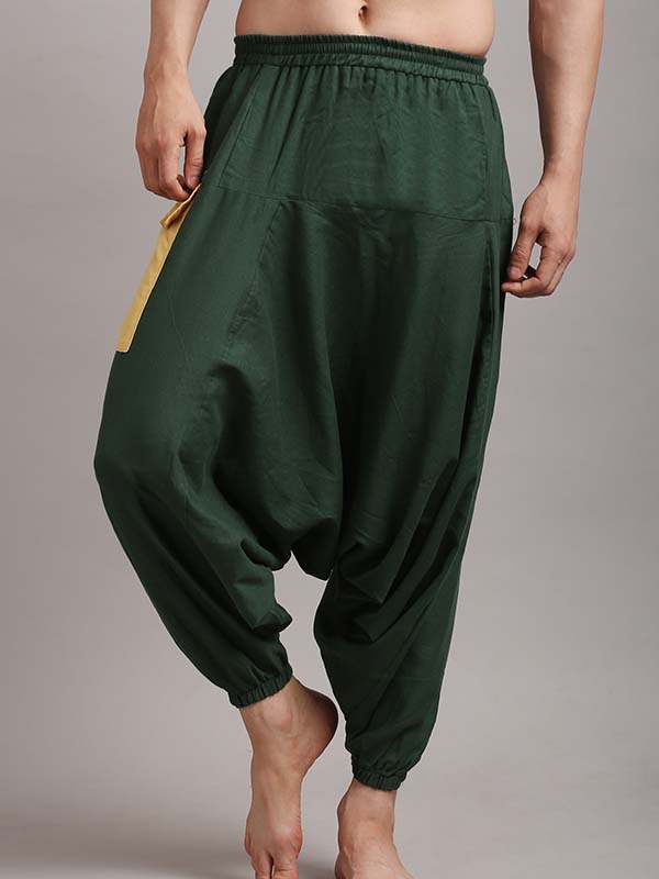 Men Balloon Pants in Bottle Green With Yellow Patch Color