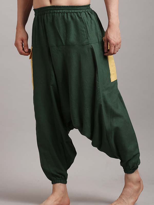Harem Pants in Bottle Green With Yellow Patch Color