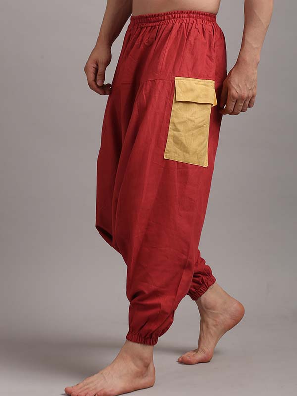 Men Balloon Pants in Rust Red with Yellow Patch Color