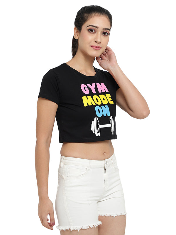 Gym Mode On Print Cotton Crop Top For Women