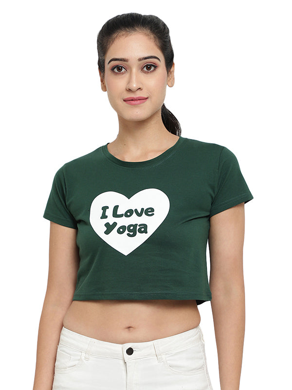 I Love Yoga Women Short Sleeve Printed Cotton Crop Top