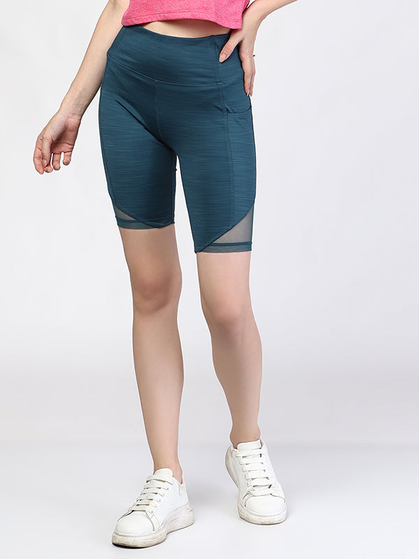 Teal Melange Shorts With Inner Tights