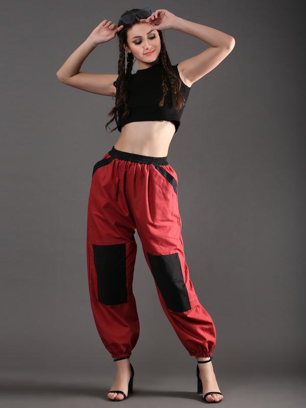 Maroon - Black Relaxed Fit Pants