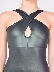 One Shoulder Bodysuit in Shiny Black Color