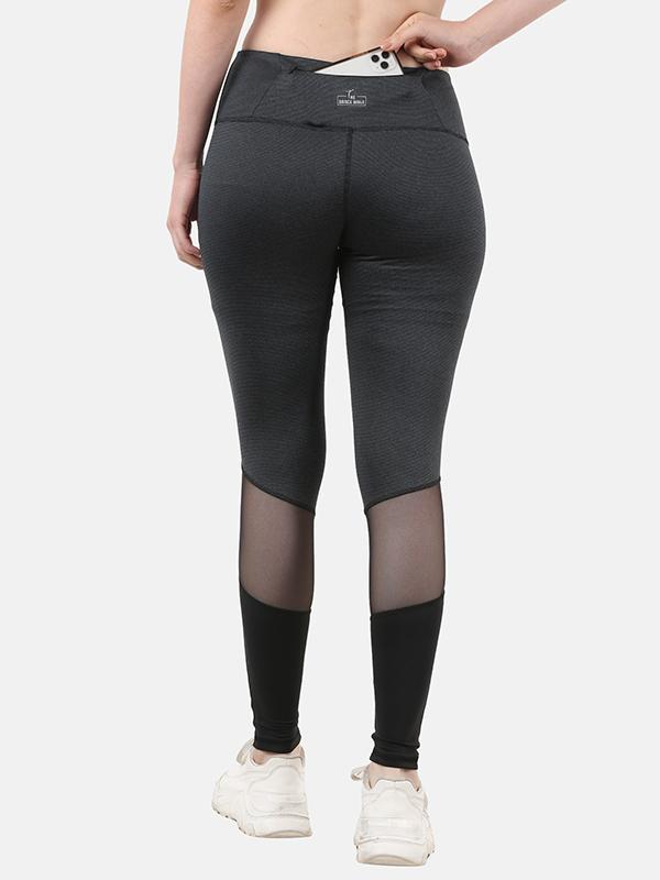 Women High Waist Mesh Net Design Gym Tights Charcoal Grey Leggings