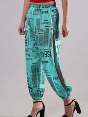 Aqua Blue Printed Arabian Slit Harem Pants