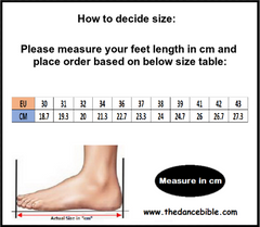 Size chart of black leather jazz dance shoes with laces