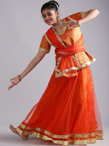 Girls Kathak Dance Dress Anarkali Style Orange Costume (3 piece set) - The Dance Bible Girls Kathak Dance Dress Anarkali Style Orange Costume (3 piece set) - The Dance Bible