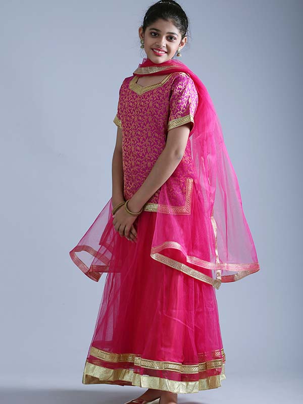 Kids Pink Leheriya One Shoulder Kurta Set – Thread & Button