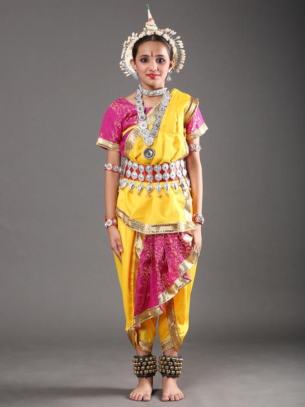 Ready to Wear Girls Odissi Dance (Cross Fan) Yellow Pink Costume