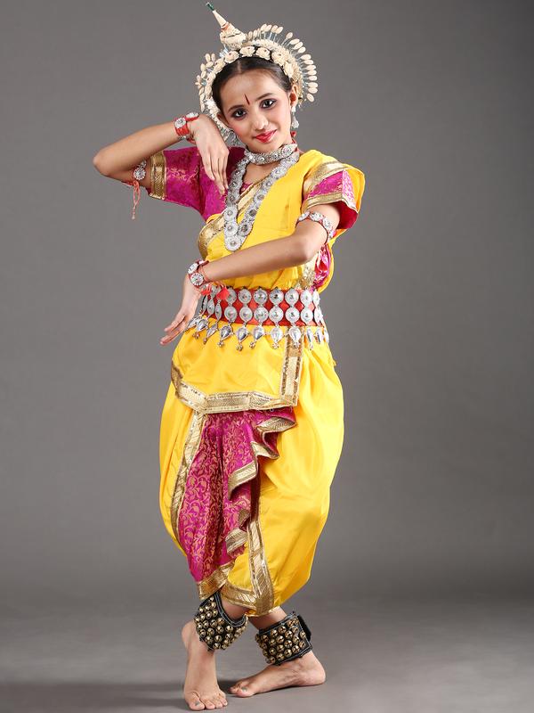 Ready to Wear Girls Odissi Dance (Cross Fan) Yellow Pink Costume